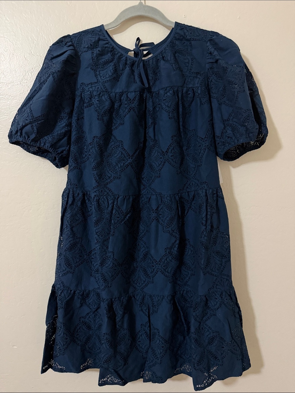 Adelyn Rae Navy Eyelet Puff-Sleeve Tiered Mini Dress - Picture 6 of 6